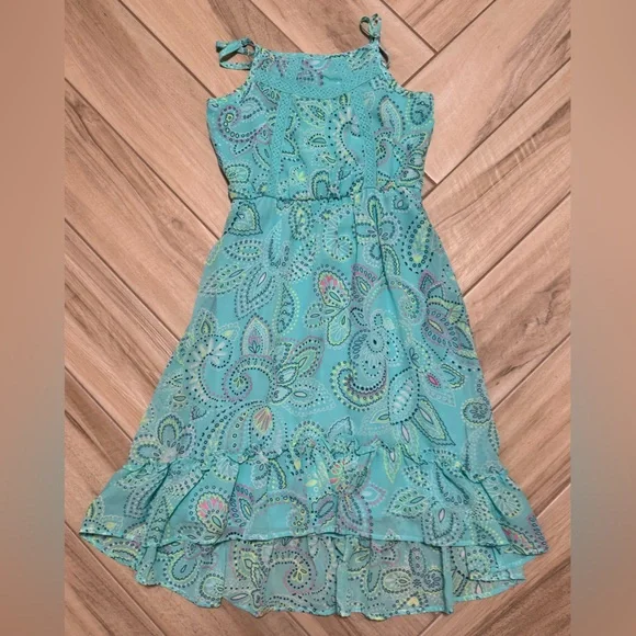 Girls' Aqua Paisley Ruffle Hem Summer Dress - Picture 5 of 5